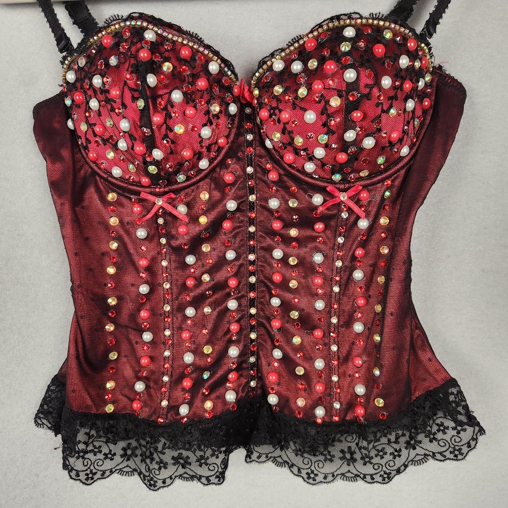 Affinitas Intimates Bustier Corset Top Womens 32C Red Black Lace Rhinestone - Picture 3 of 16